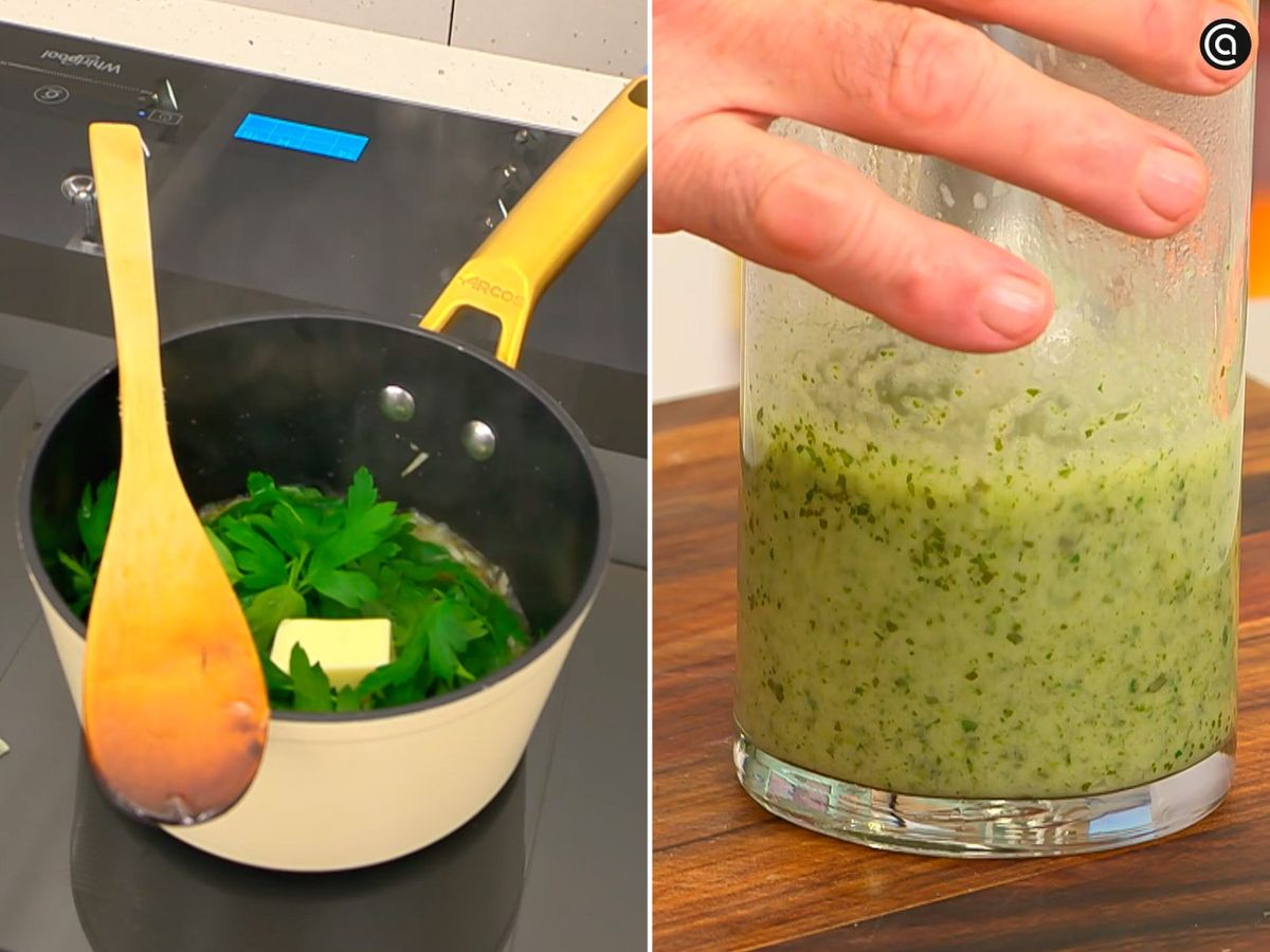 Rehoga la cebolleta, incorpora el vino, el aceite y las hojas de cilantro y perejil; luego tritura