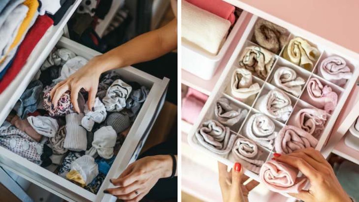 calcetines desorganizados vs calcetines organizados armario