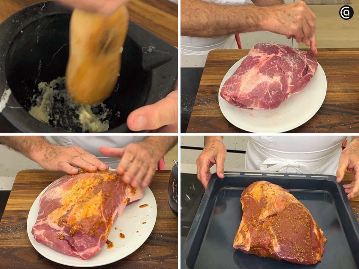 Haz un majado de ajo, mostaza y pimentón, unta la carne y sella en el horno