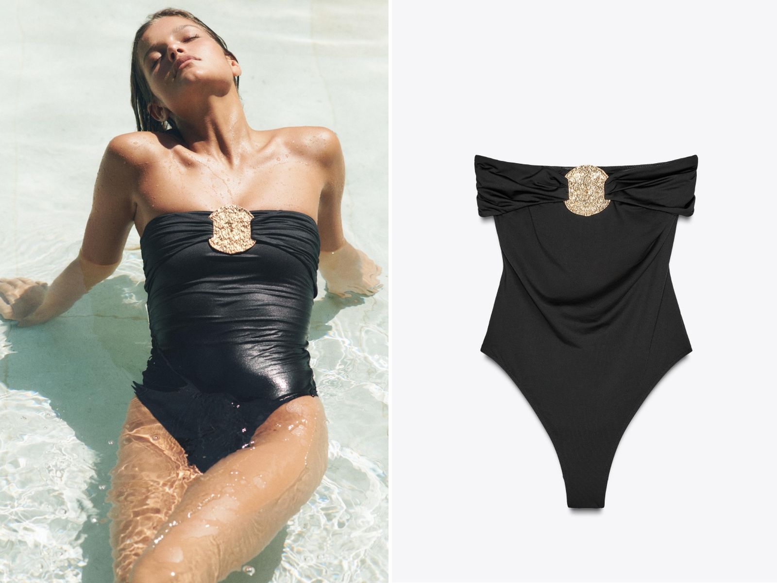 Bañador bandeau con pieza metálica central / Fotos: Zara