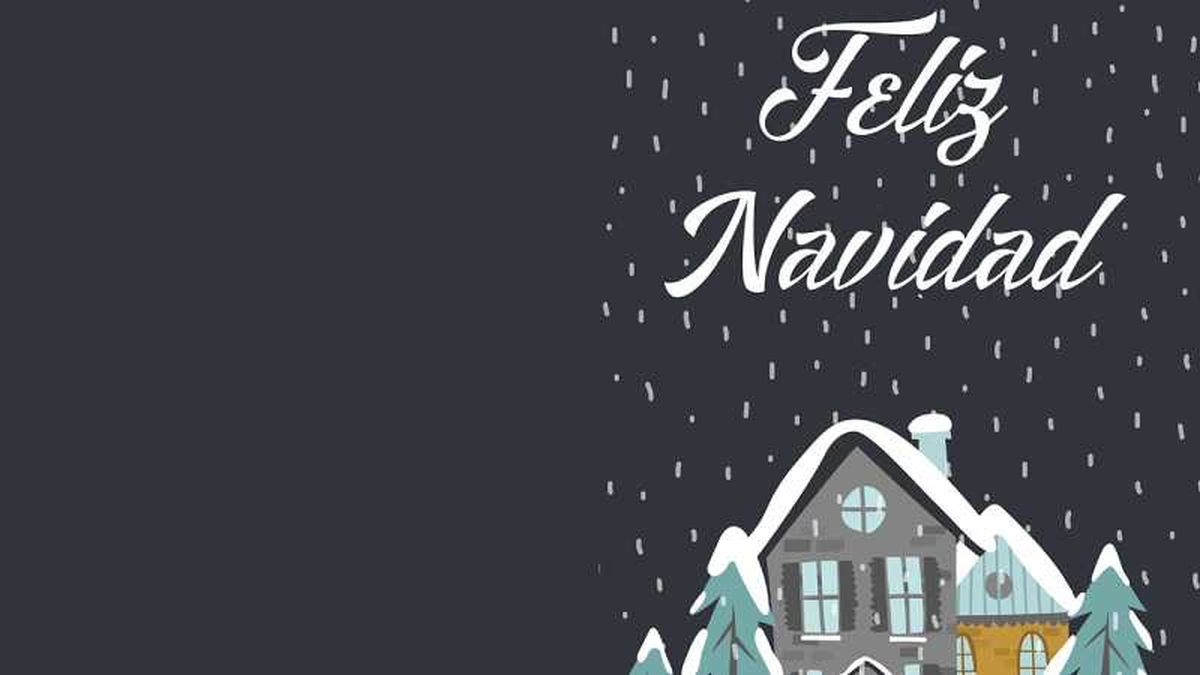 Postal con casa nevada y fondo negro.