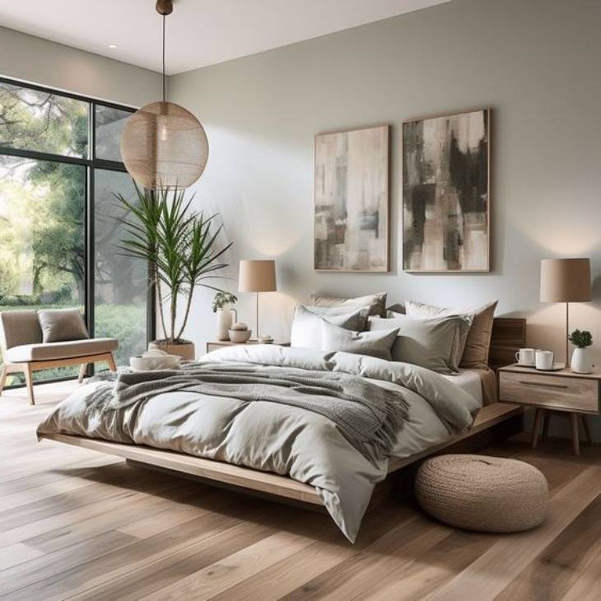 Dormitorio beige con pareja de cuadros abstractos sobre el cabecero.