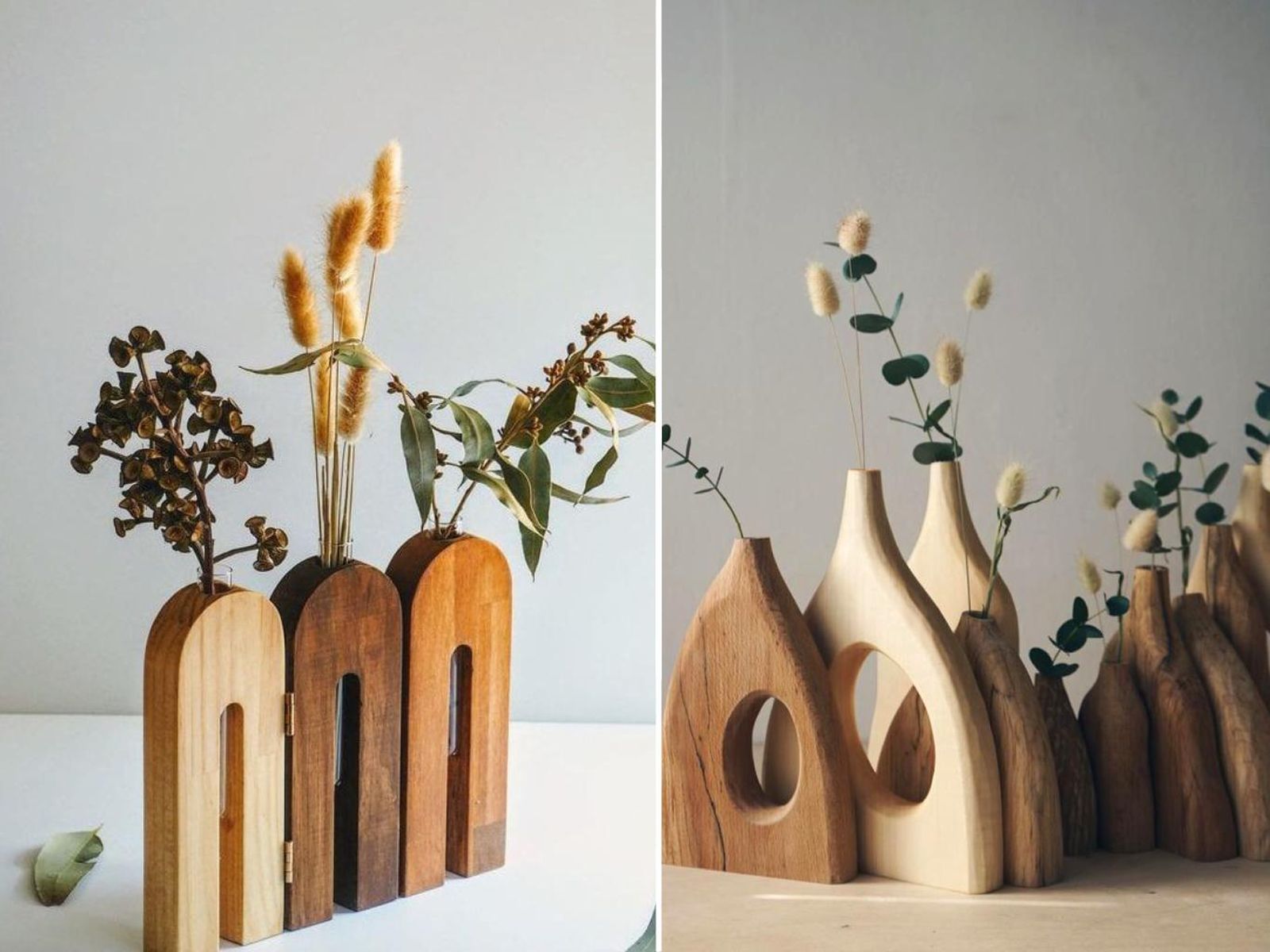 Jarrones de madera con diferentes formas / Foto 1: Fabsignature; Foto 2: Pinterest Jarrones de madera con diferentes formas / Foto 1: Fabsignature; Foto 2: Pinterest