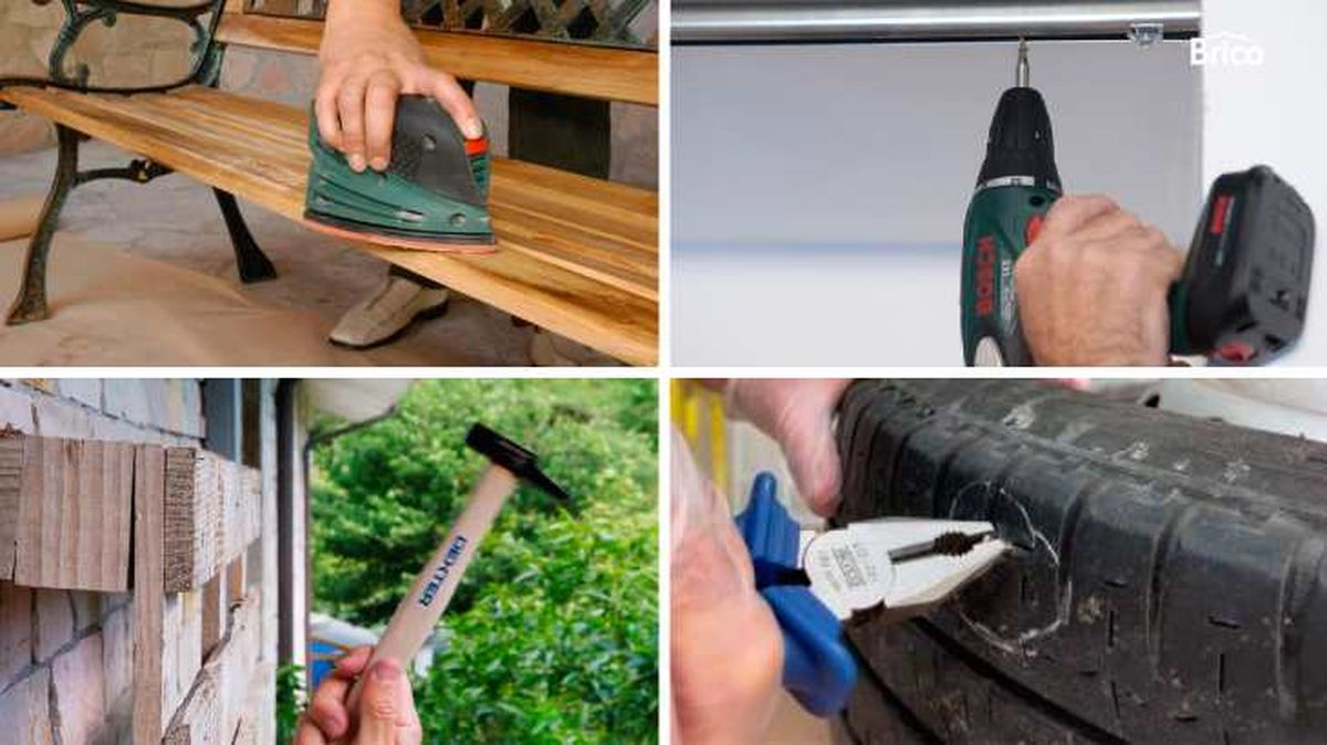 Una lijadora, un taladro, un martillo y unos alicates