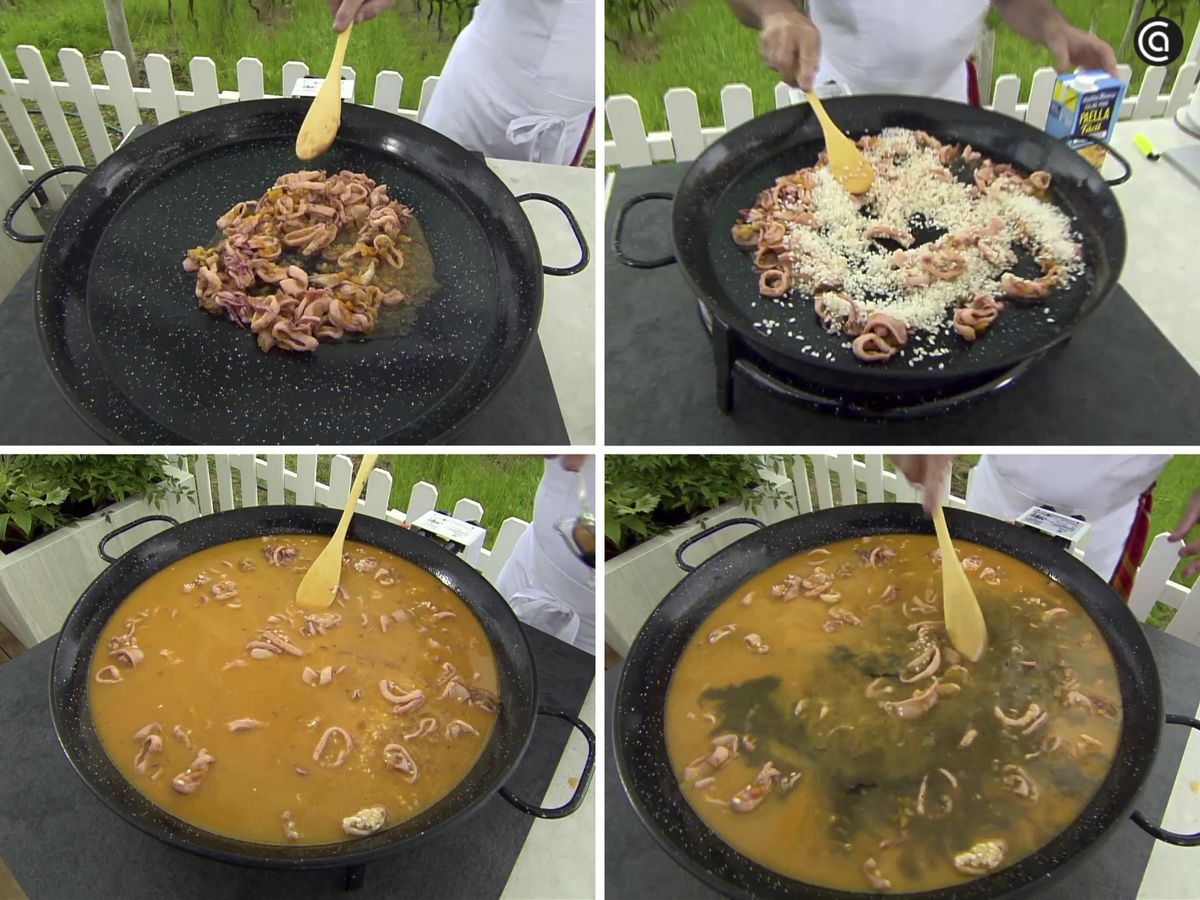Añade los calamares y las verduras junto con el arroz, el caldo y las tintas a una paella