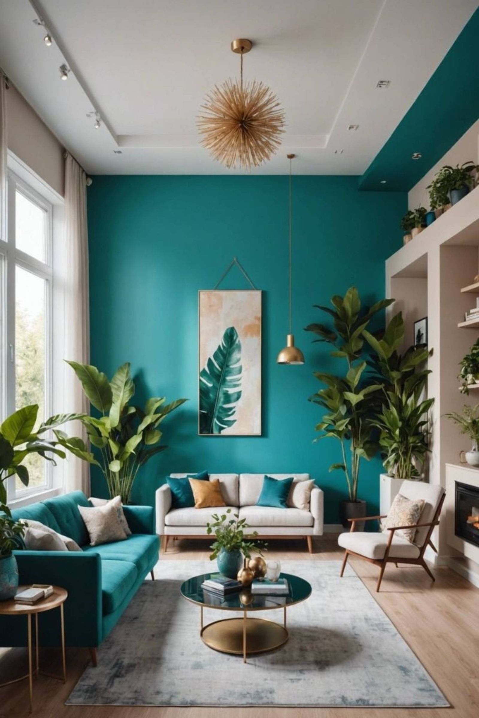 Decoración turquesa con detalles metálicos.