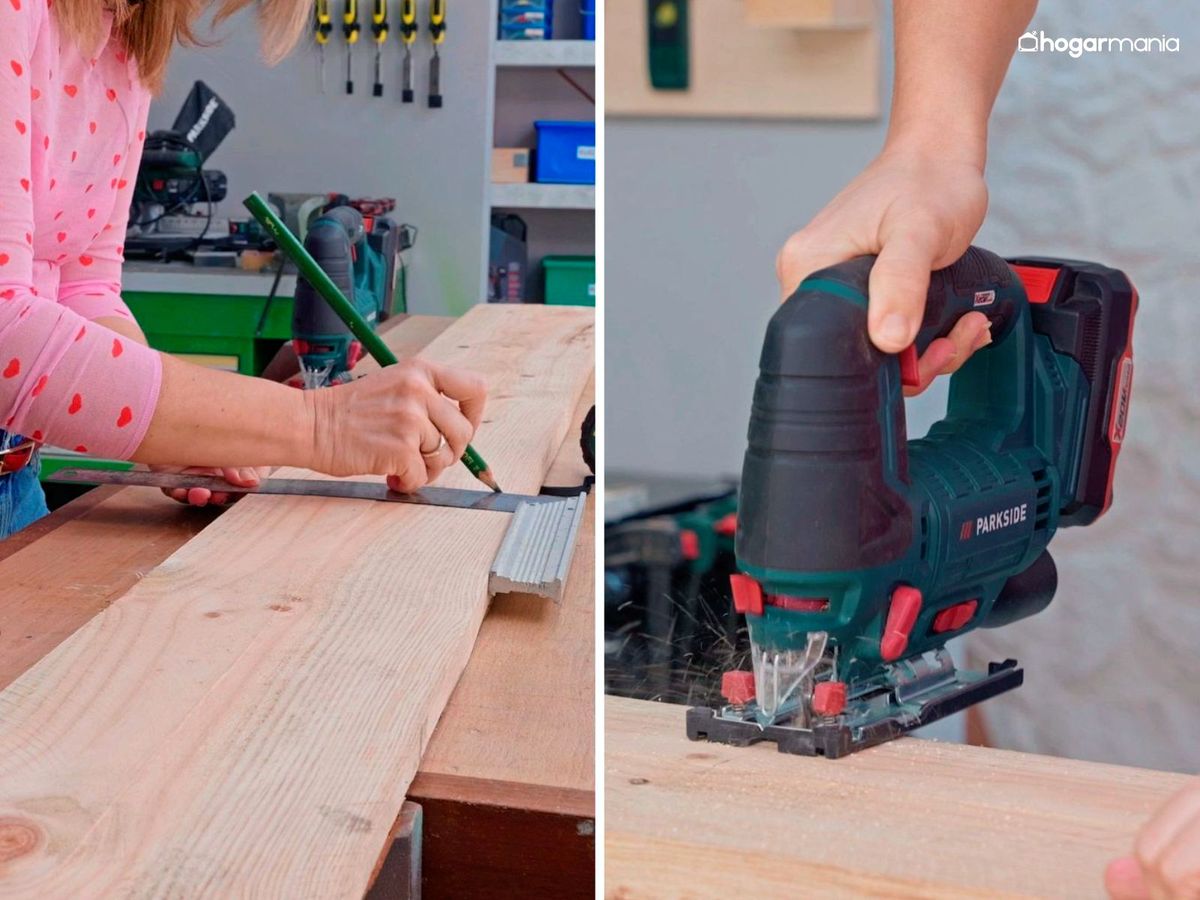 Corta la madera para obtener las tres piezas de la mesa de aperitivos