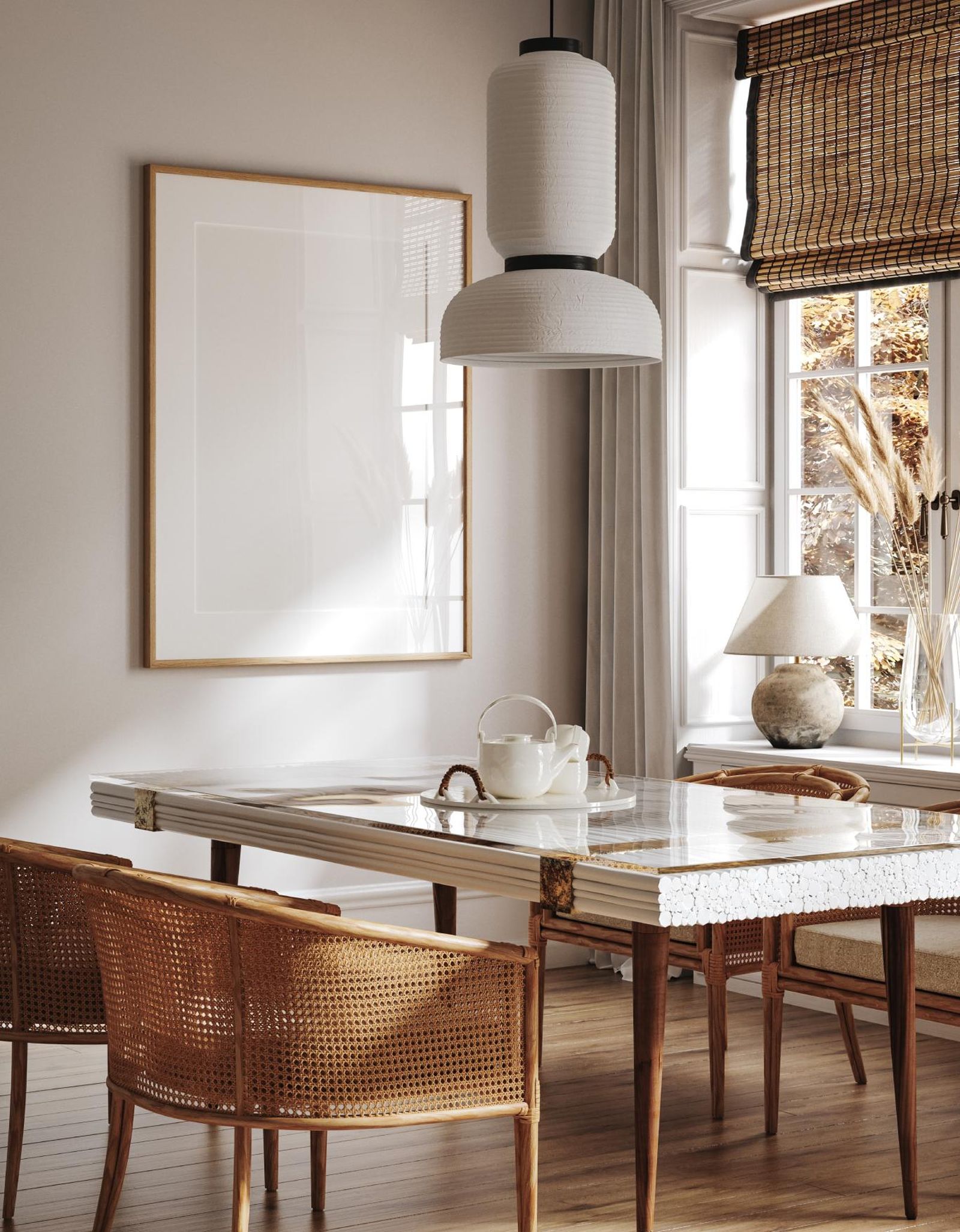 Salón comedor con lámparas de cerámica de estilo artesanal. Salón comedor con lámparas de cerámica de estilo artesanal.