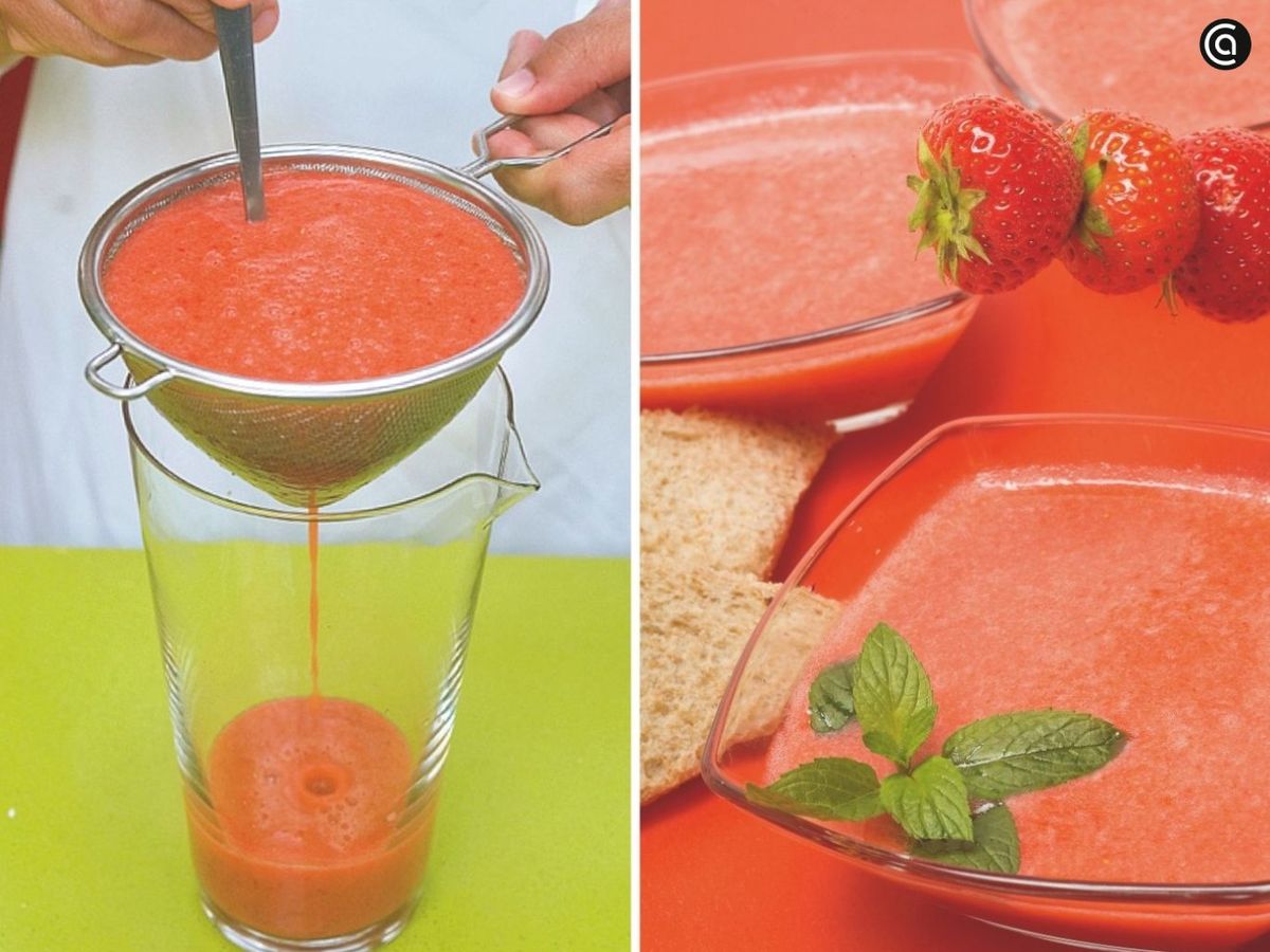 Cuela y sirve el gazpacho de fresas
