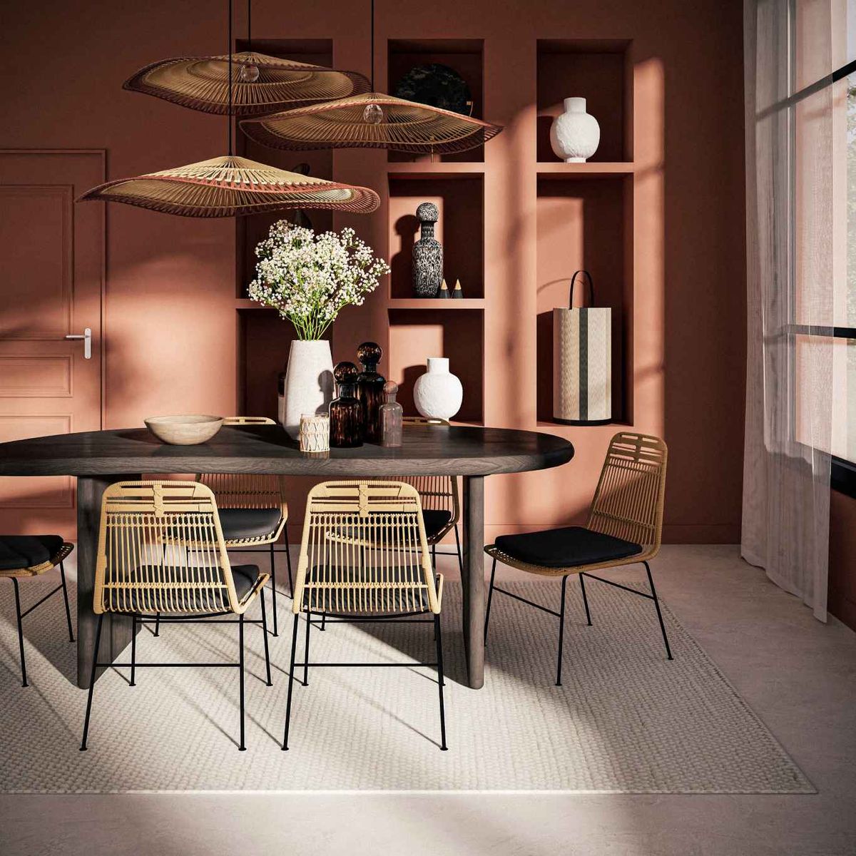 Silla de acero negro y ratán Papaya.