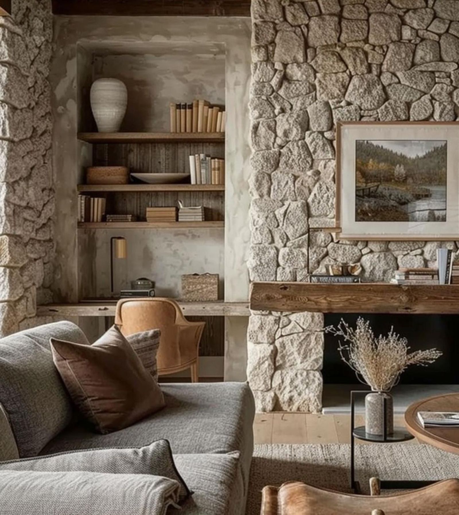 Salón con pared de piedra de estilo cabincore. Salón con pared de piedra de estilo cabincore.