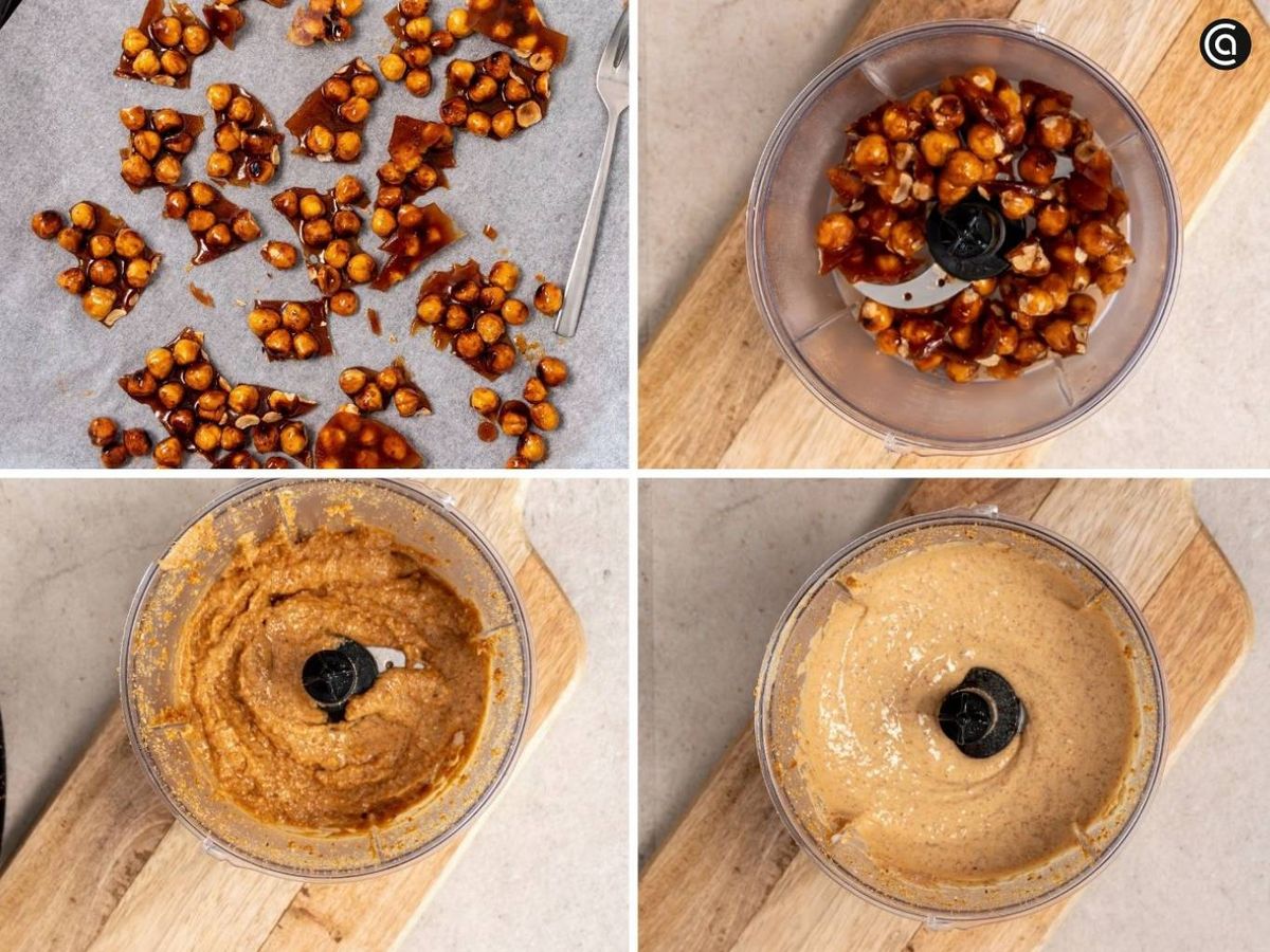 Haz avellanas caramelizadas, tritúralas y mezcla con mantequilla hasta integrar