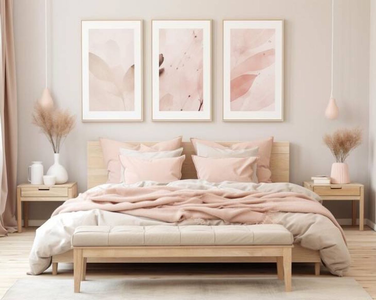Dormitorio en color rosa con tres cuadros verticales sobre el cabecero de cama.