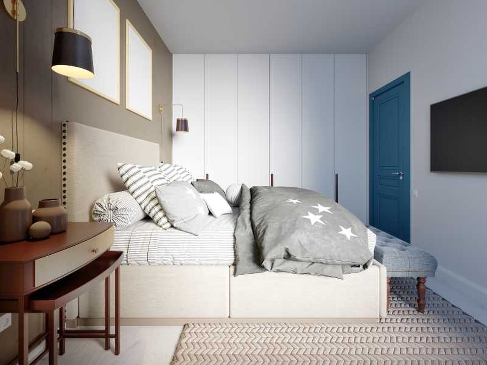 Habitación pequeña en gris y azul. Habitación pequeña en gris y azul.