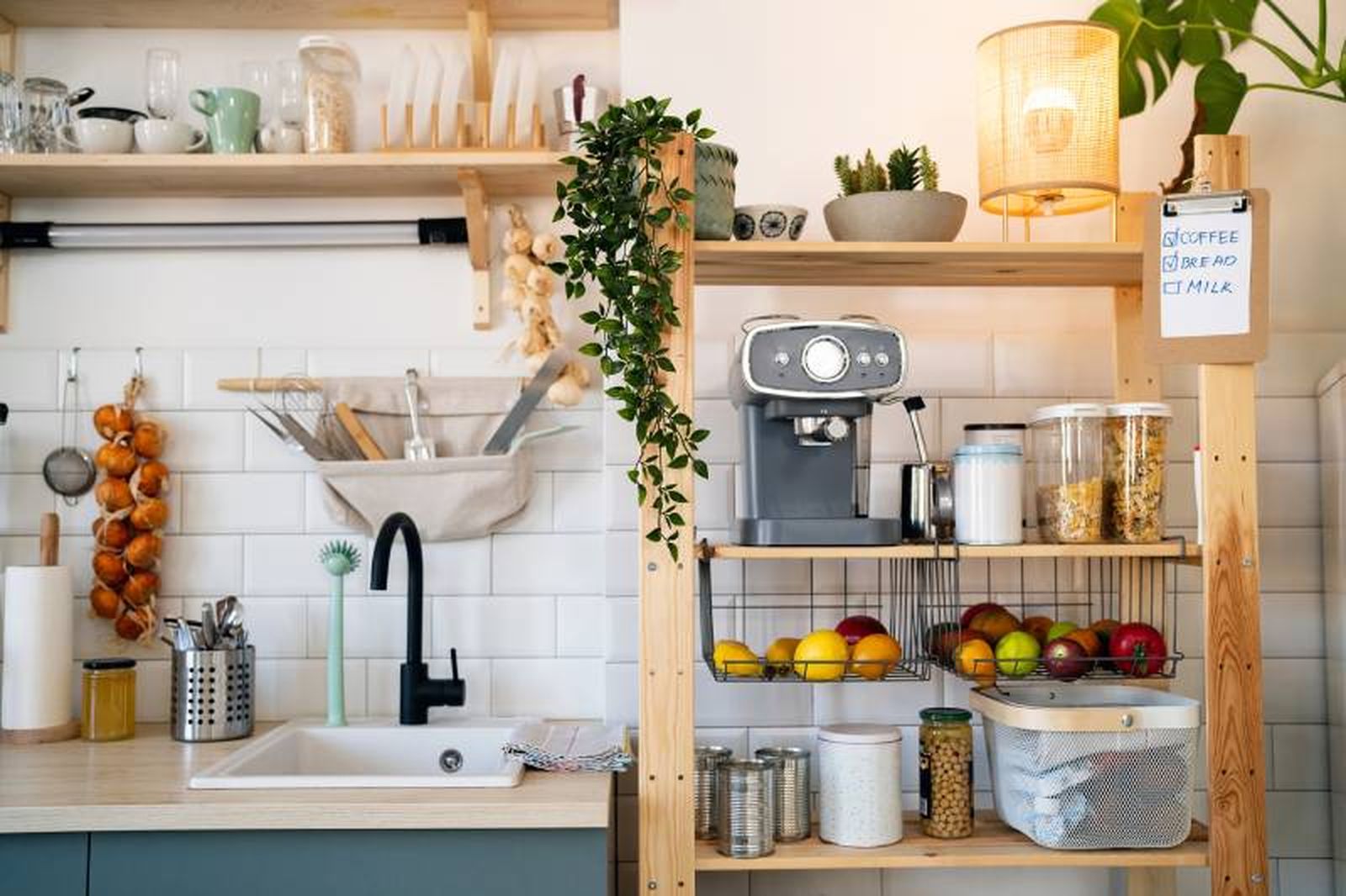 Cocina moderna con estanterías. Cocina moderna con estanterías.