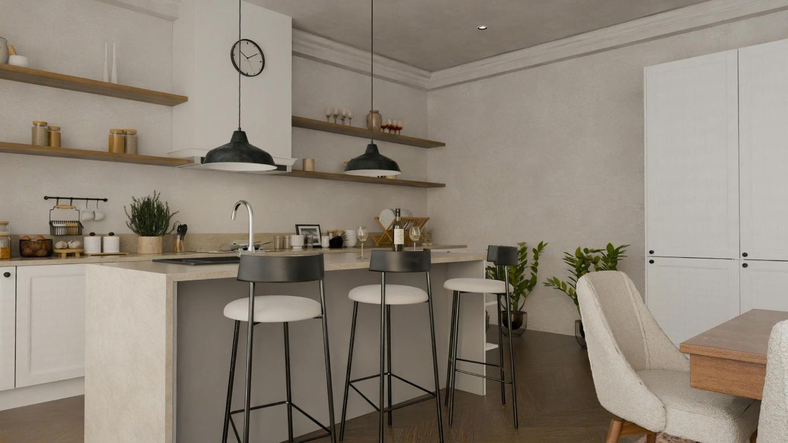 Cocina moderna en tonos cálidos.
