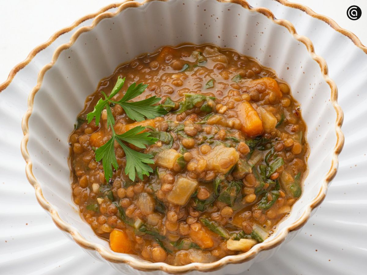 Lentejas guisadas con verduras, una receta de cuchara pensada para servirse como plato único.