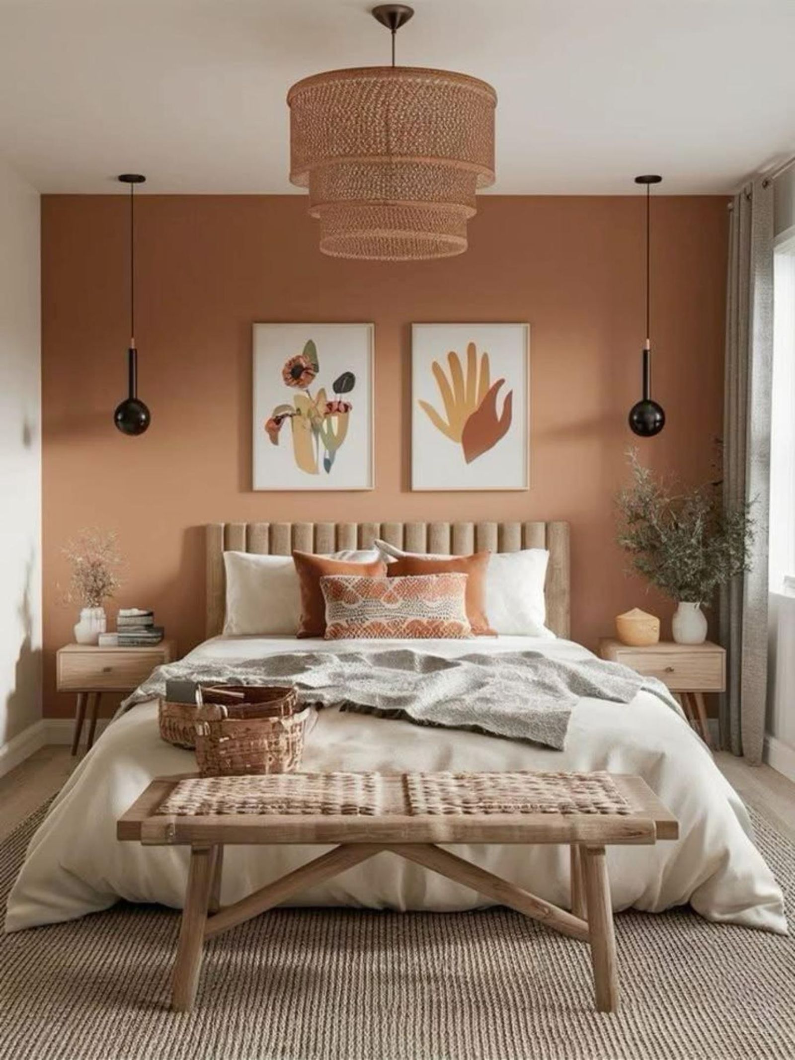 Dormitorio mocha mousse con lámpara de techo de fibras naturales. Dormitorio mocha mousse con lámpara de techo de fibras naturales.