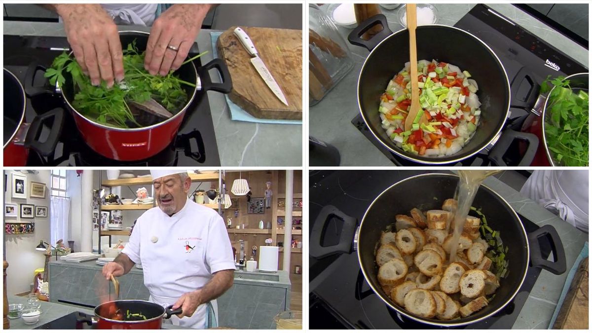 Karlos Arguiñano prepara el caldo y las verduras para elaborar la sopa de marisco