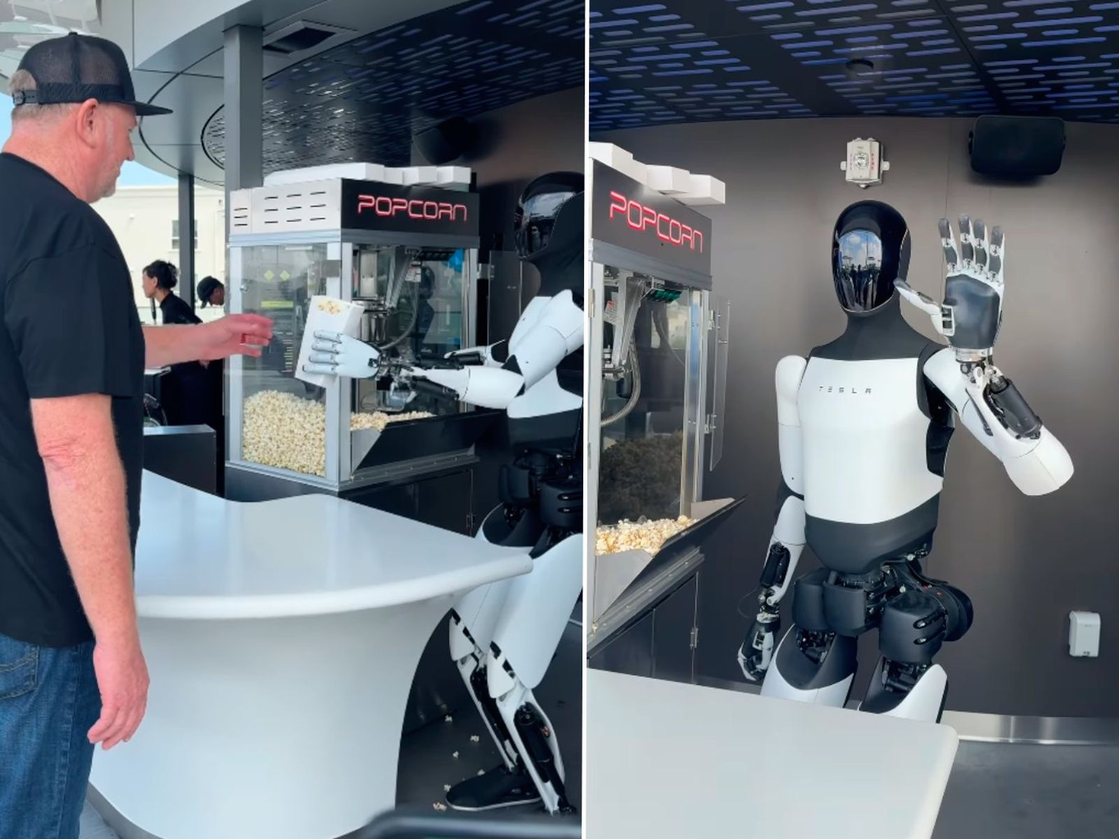 El robot Optimus sirvió palomitas en la inauguración