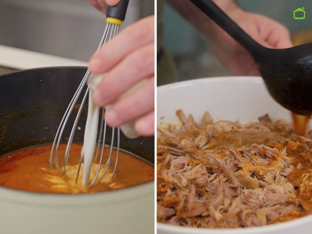 Desmenuza la carne de cerdo y añade la salsa para que quede jugosa