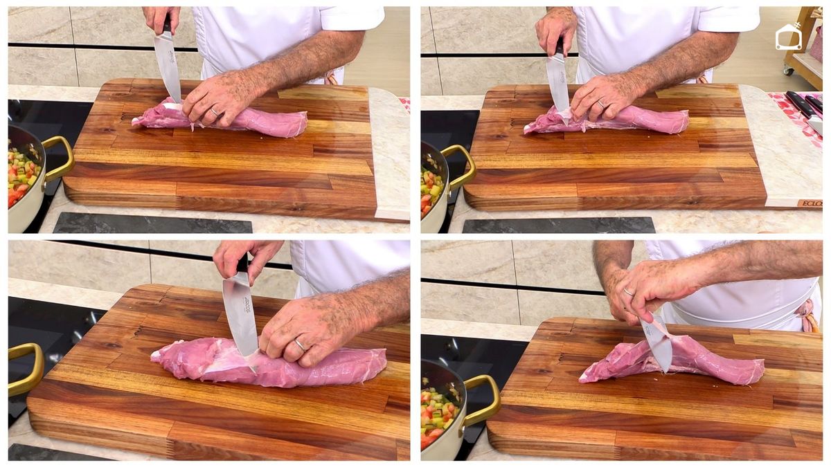 Karlos Arguiñano retira los trozos blancos para que el solomillo quede solo con carne magra