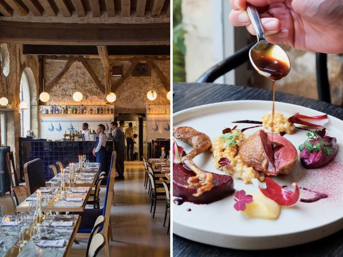 Encanto del Marais en un patio empedrado con velas y ambiente cálido, perfecto para una cena íntima.