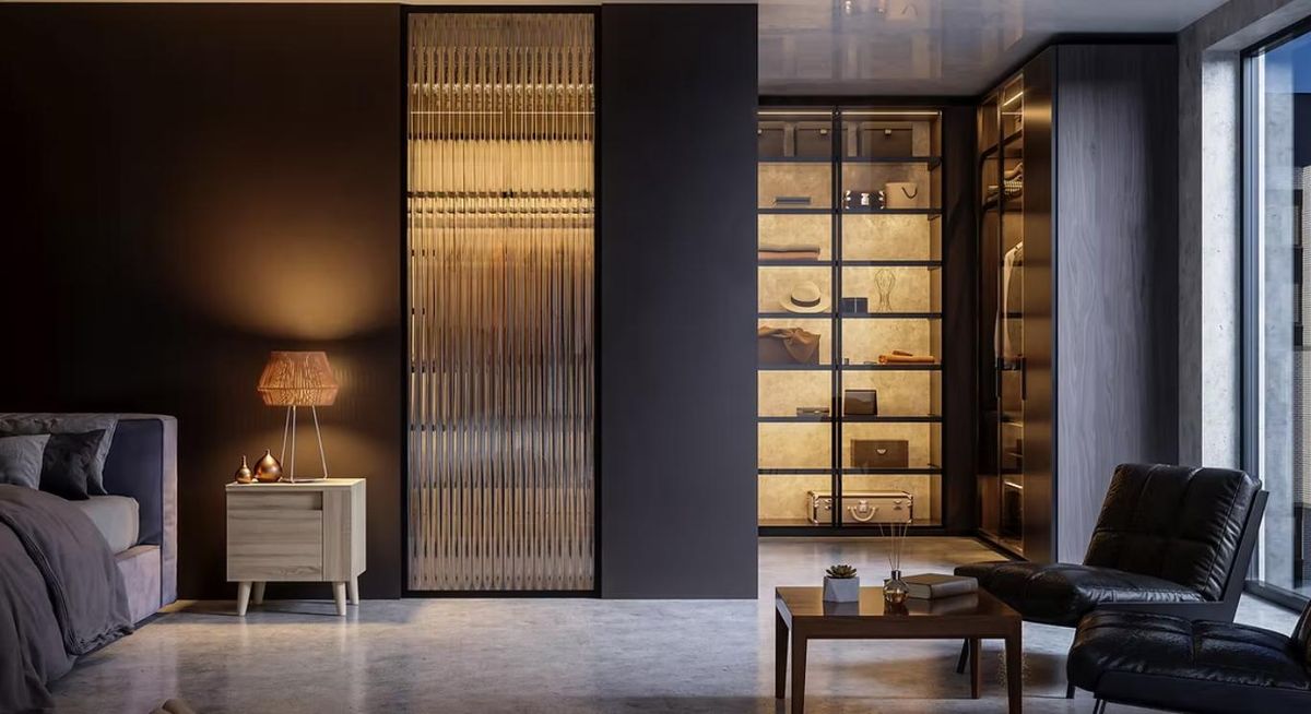 Dormitorio moderno con luz ascendente.