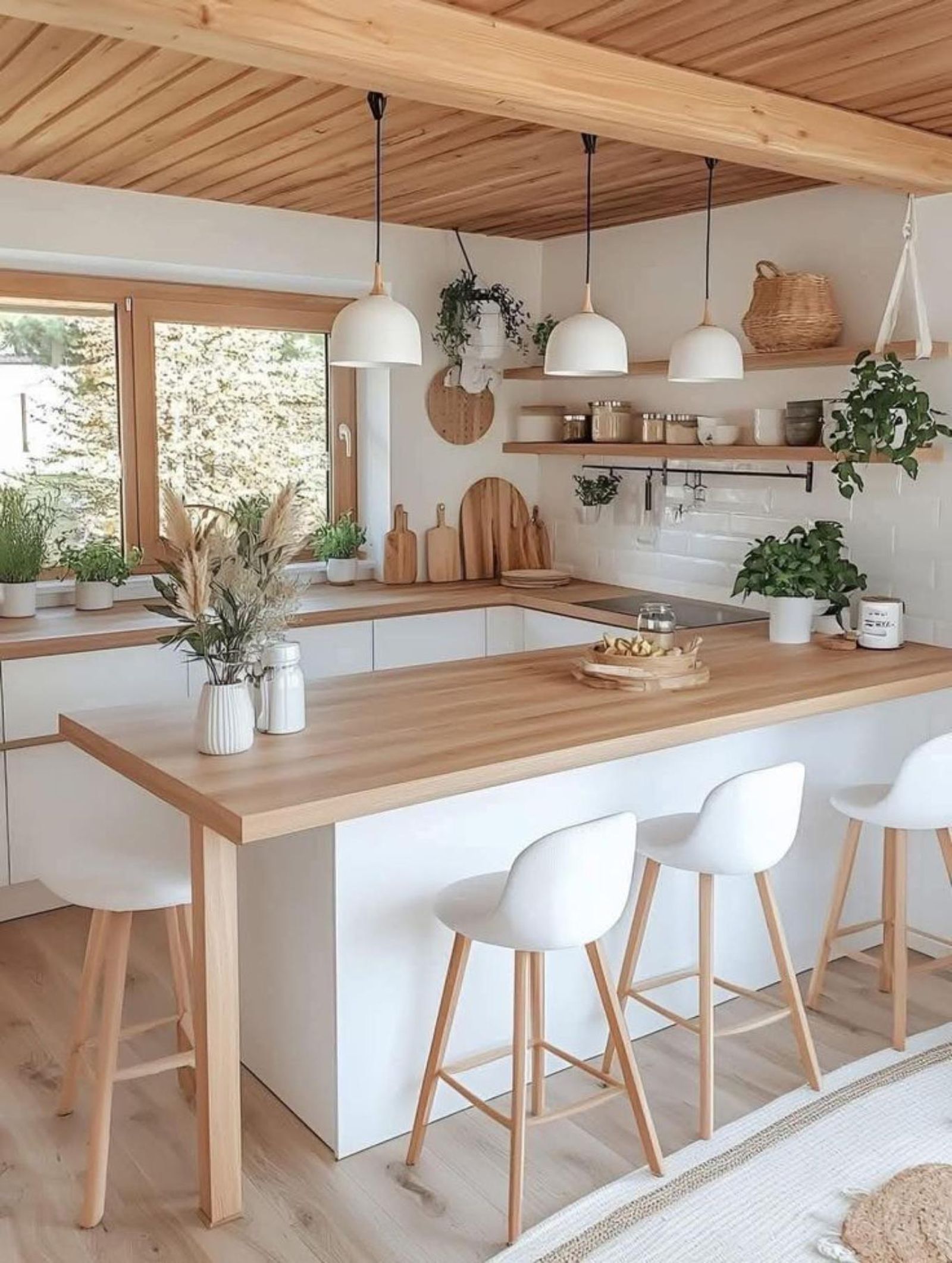 Cocina con península con lámparas de techo colgantes. Cocina con península con lámparas de techo colgantes.
