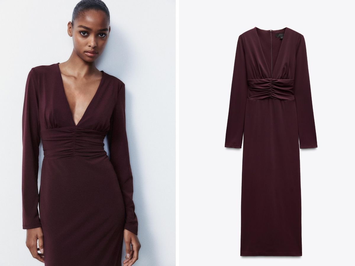 Vestido de manga larga drapeado / Fotos: Zara