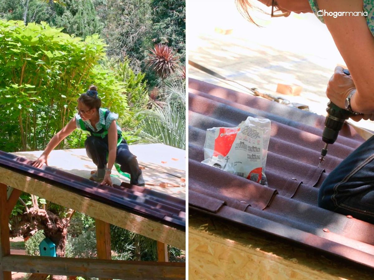 Superpón las placas al fijar la línea superior de la pérgola