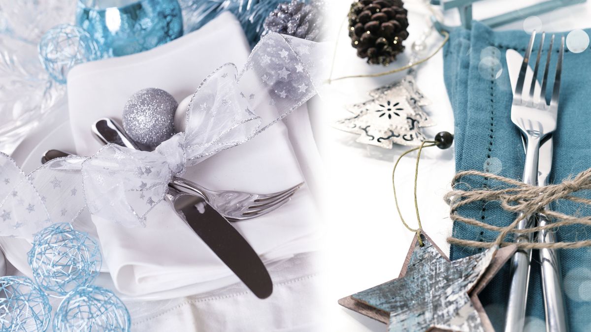 Decoración navideña en azul, blanco y plata   mesa