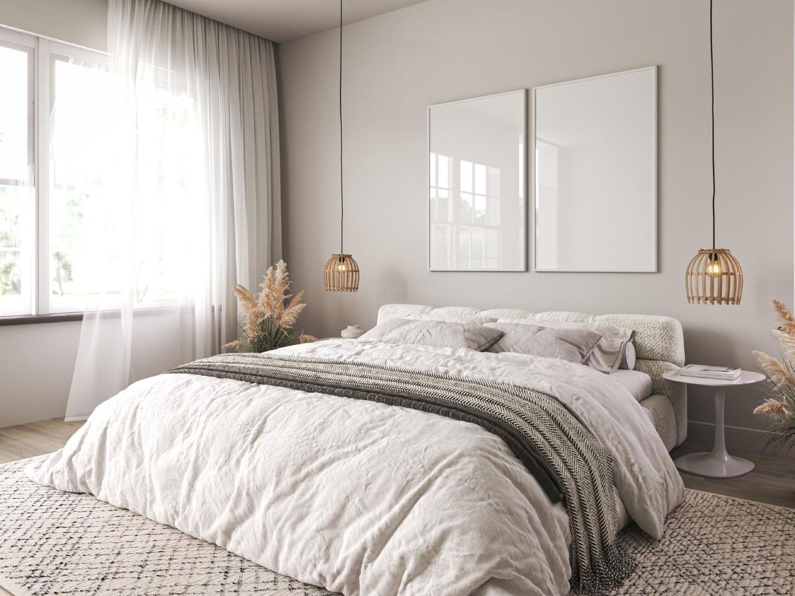 Dormitorio acogedor en beige y blanco. Dormitorio acogedor en beige y blanco.