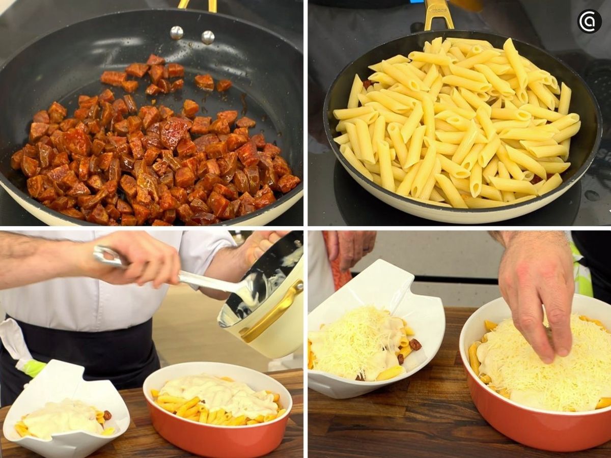 Integra los macarrones con el chorizo y llévalos a gratinar