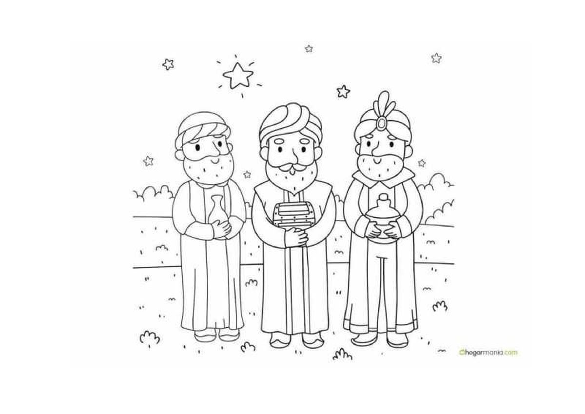 Dibujos de los Reyes Magos de estilo infantil para colorear.
