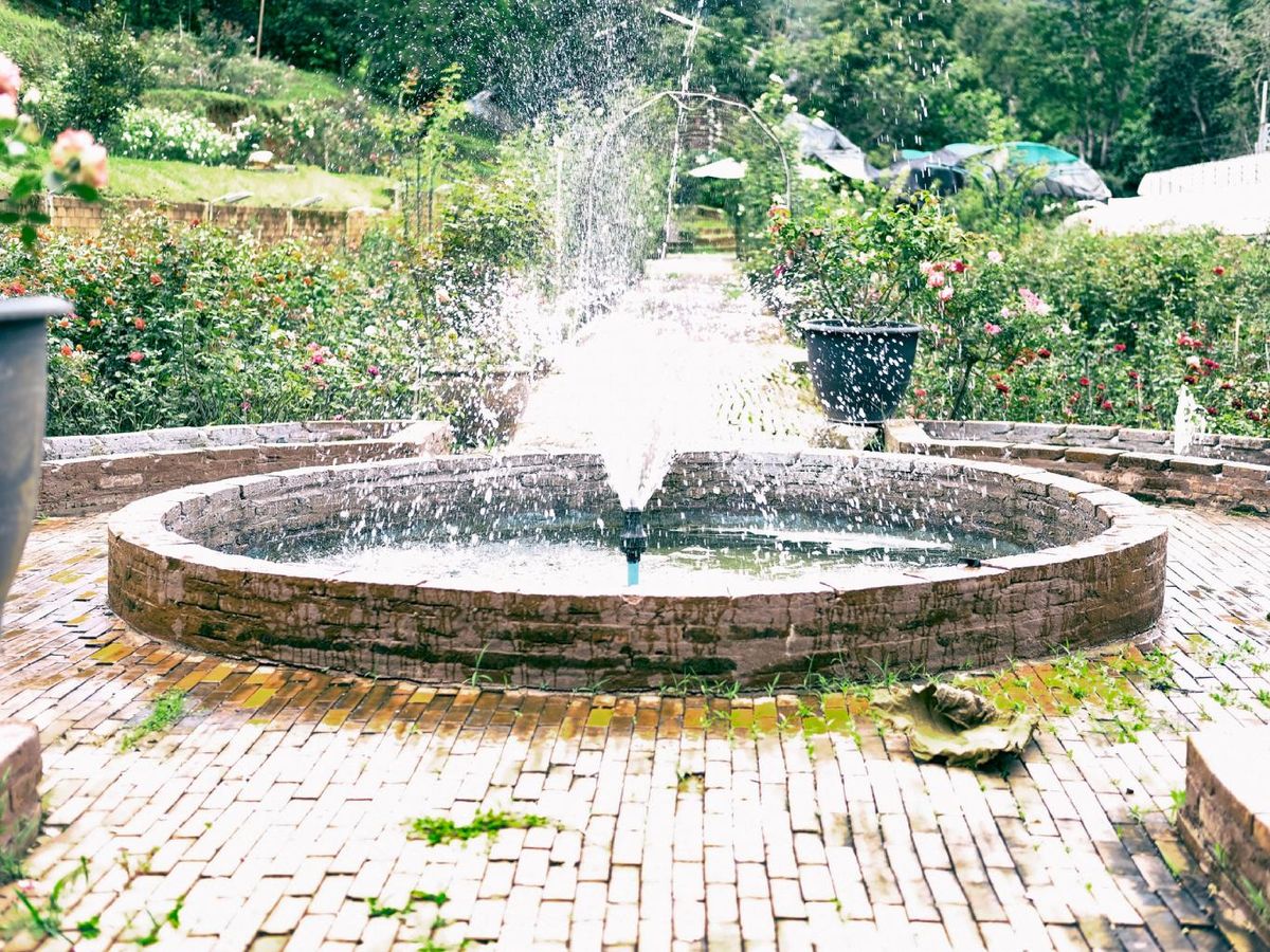 Fuente en el jardín con agua en movimiento.
