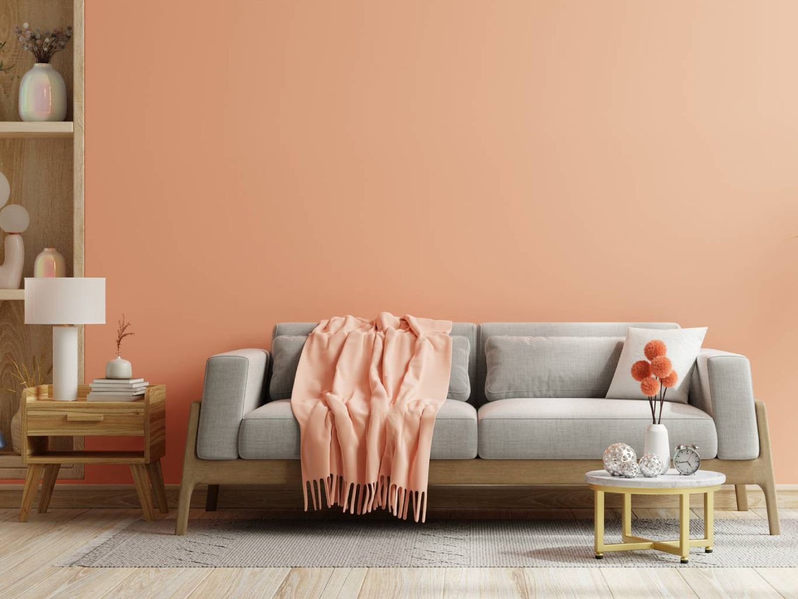 El gris claro y el melocotón se combinan en este salón moderno, creando un ambiente cálido y equilibrado. El gris claro y el melocotón se combinan en este salón moderno, creando un ambiente cálido y equilibrado.