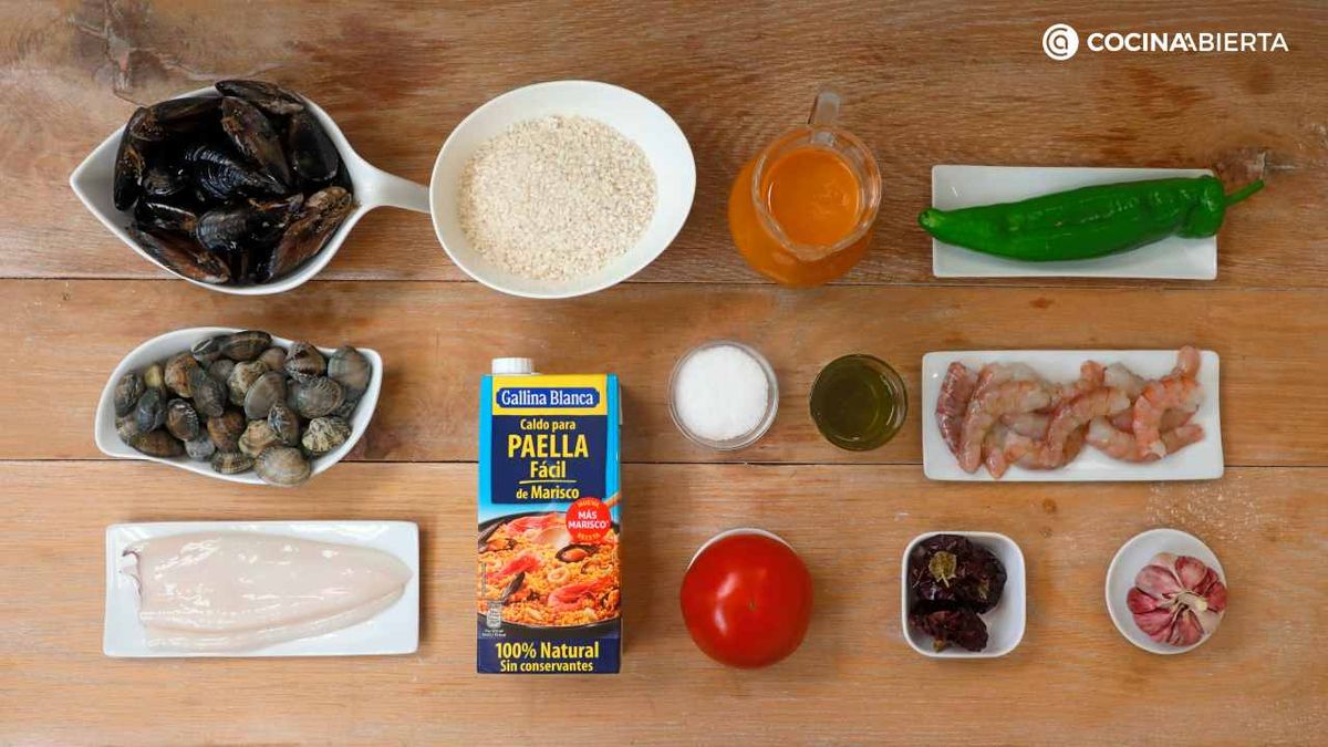 Ingredientes para preparar arroz caldoso de marisco