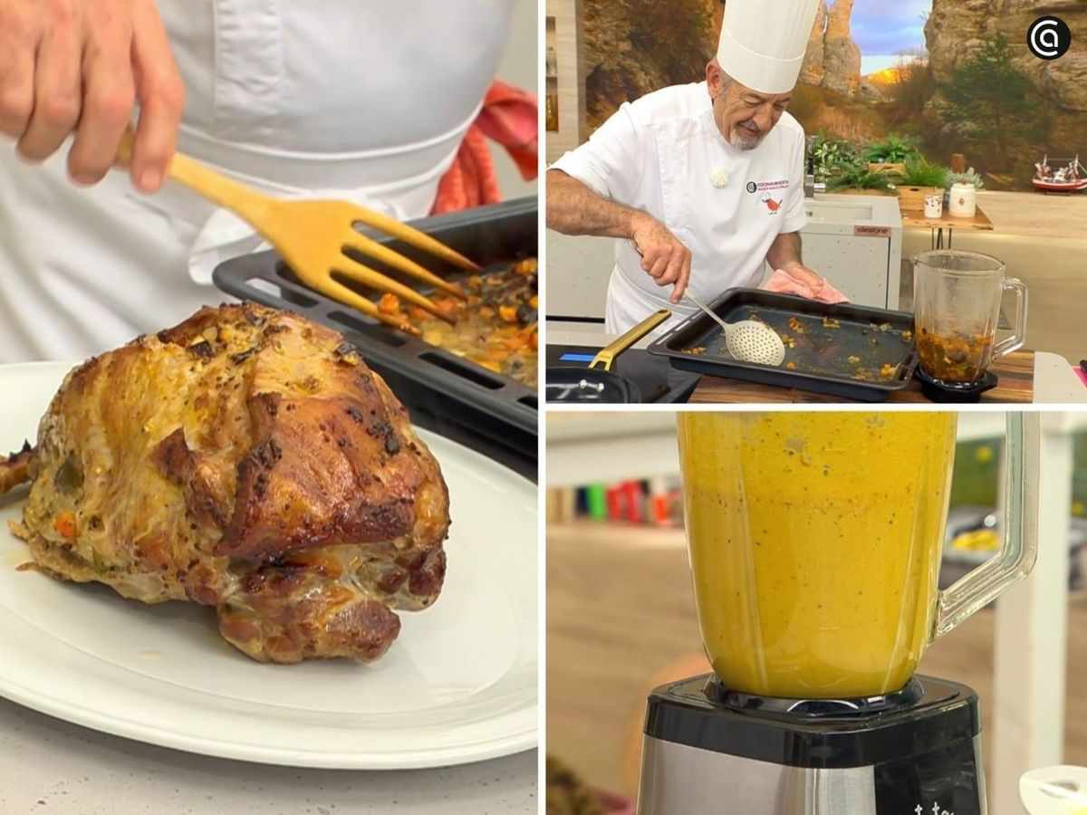 Retira la carne del horno y tritura las hortalizas hasta conseguir una salsa