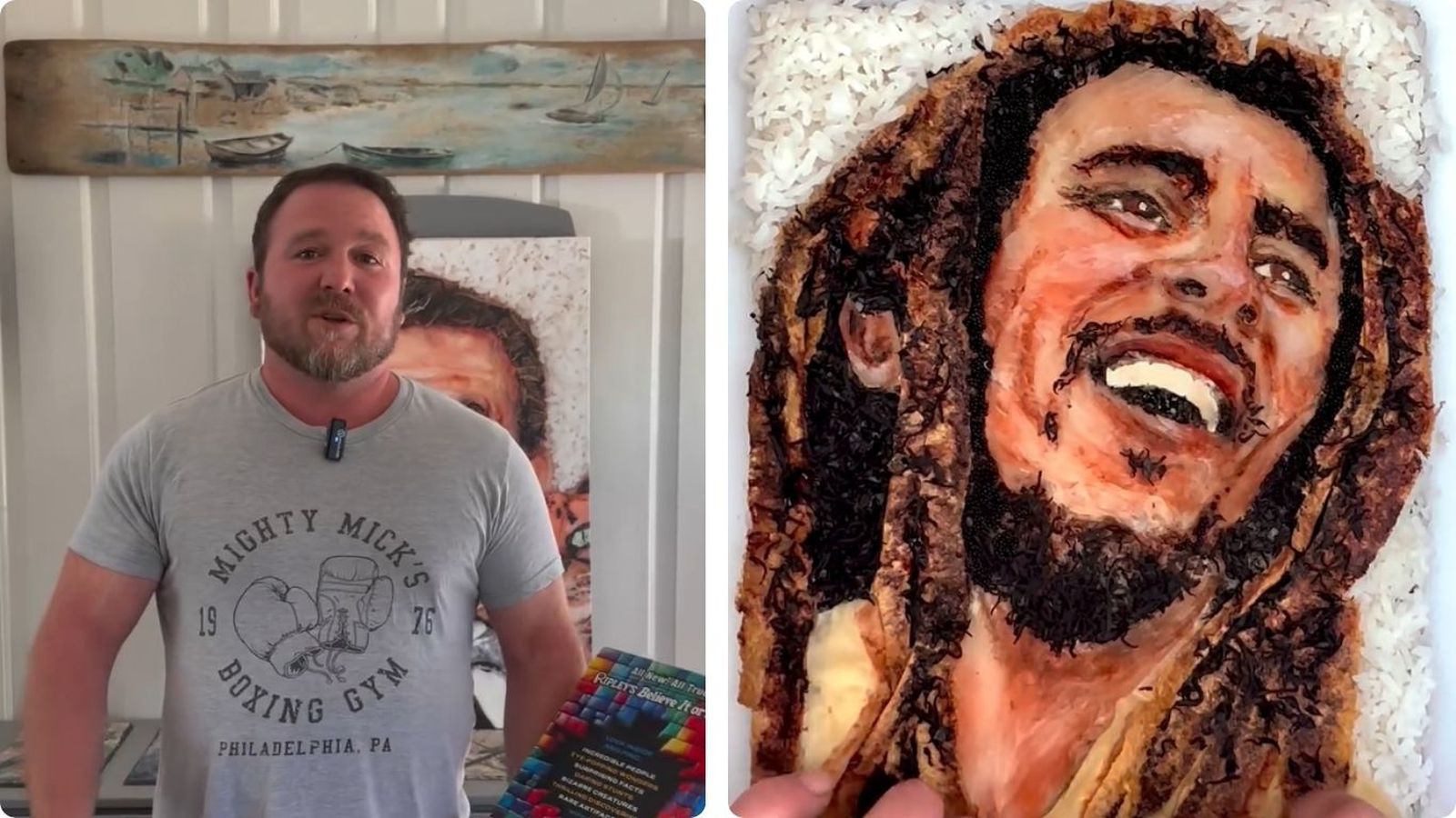 Bryan Sisk junto a su retrato comestible de Bob Marley, una obra de arte efímera que mezcla reggae y gastronomía japonesa.