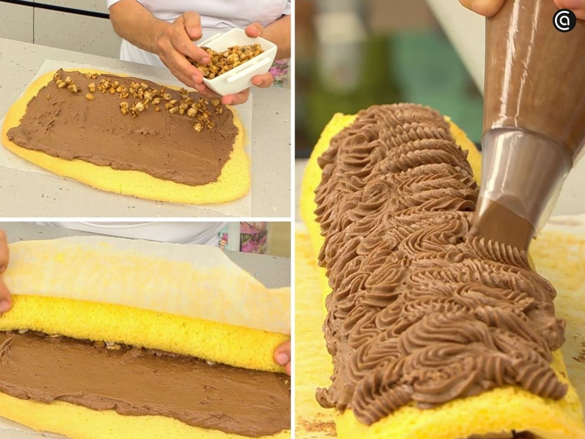 Reparte la crema de chocolate y enrolla el bizcocho