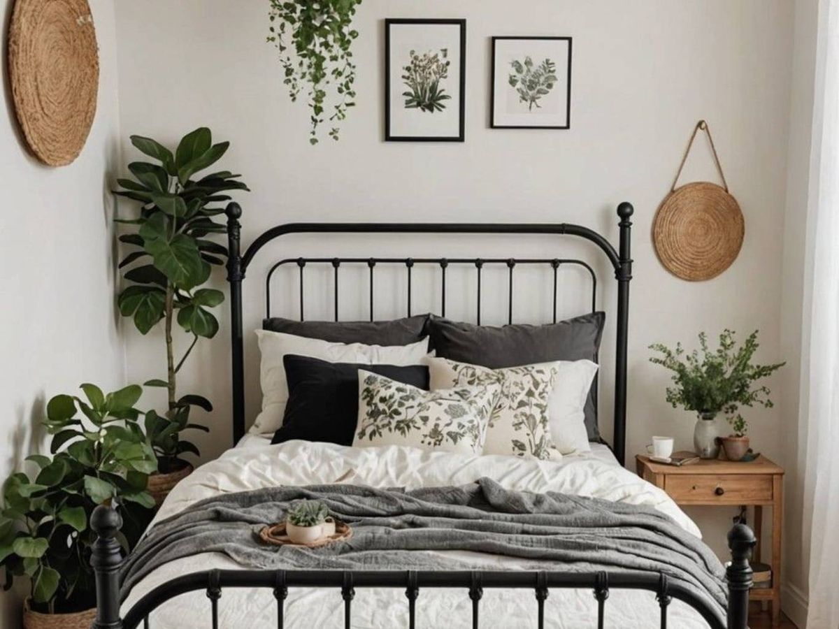 Un dormitorio relajado con cabecero de forja negra y una decoración de plantas y fibras naturales.