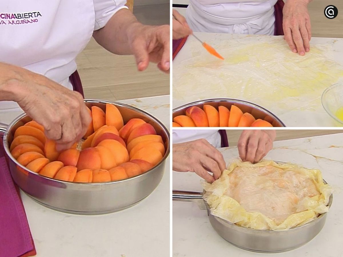 Coloca la pasta filo sobre los albaricoques y hornea
