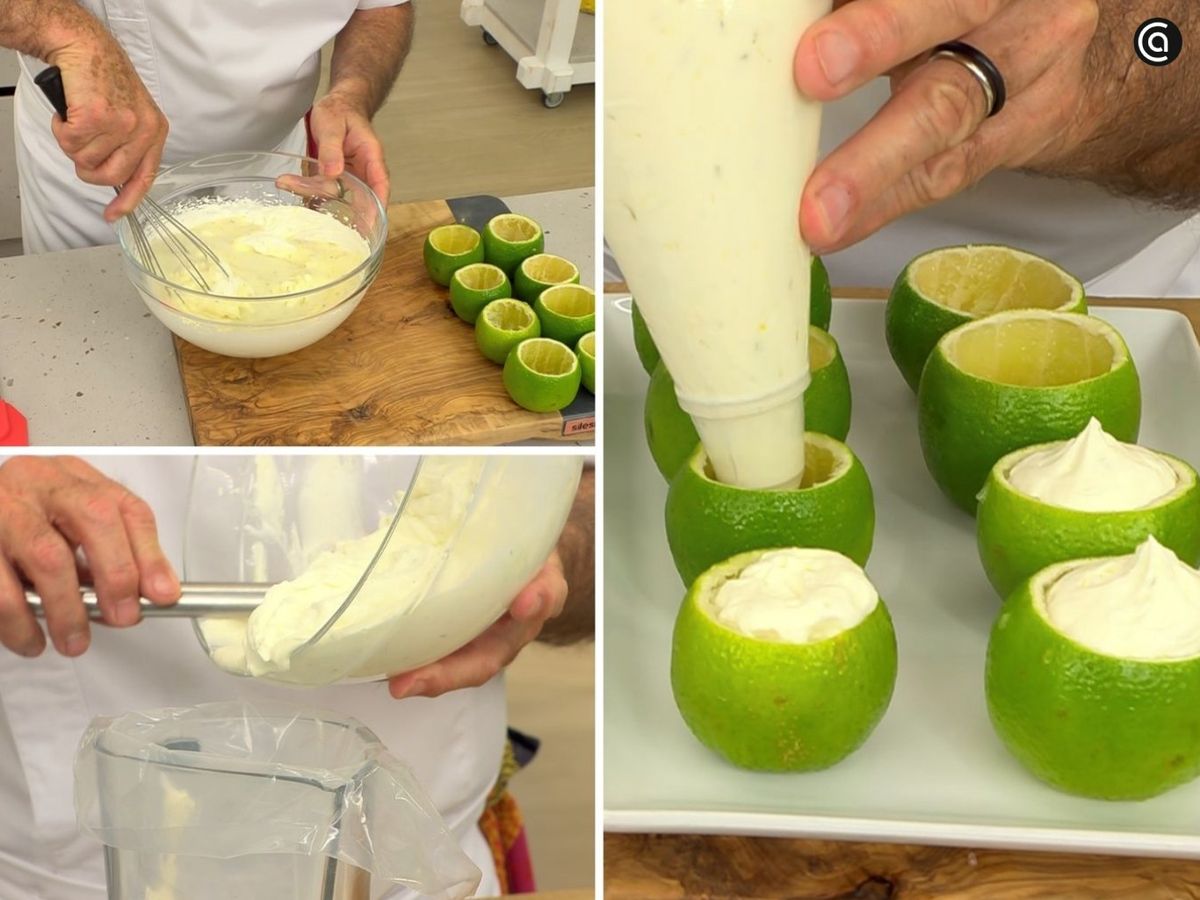 Mezcla la nata montada con la pulpa de la lima y rellena las limas