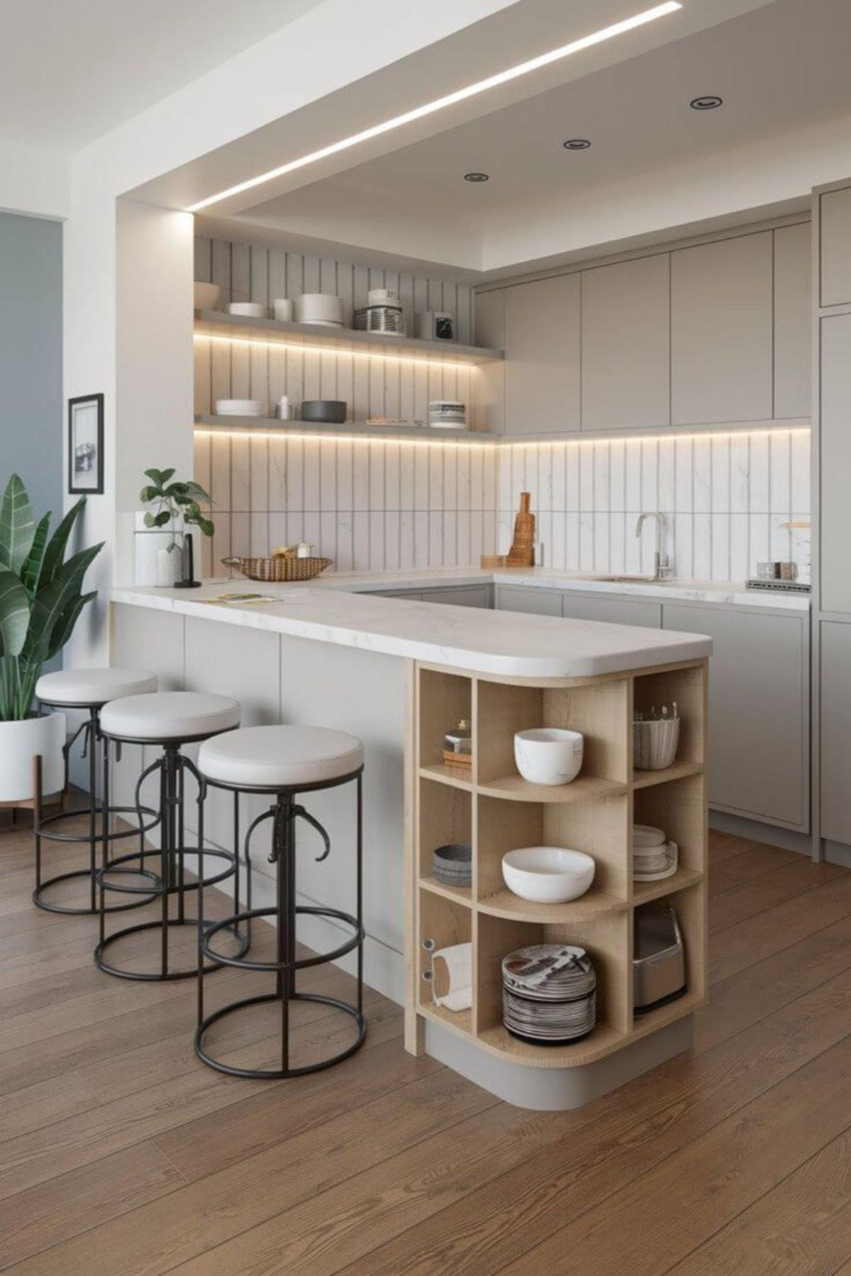 Cocina con península con baldas abiertas.