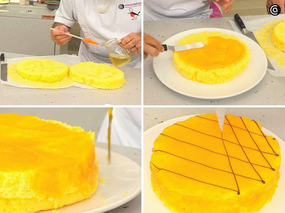 Rellena y cubre el bizcocho con la yema fina y decóralo con chocolate