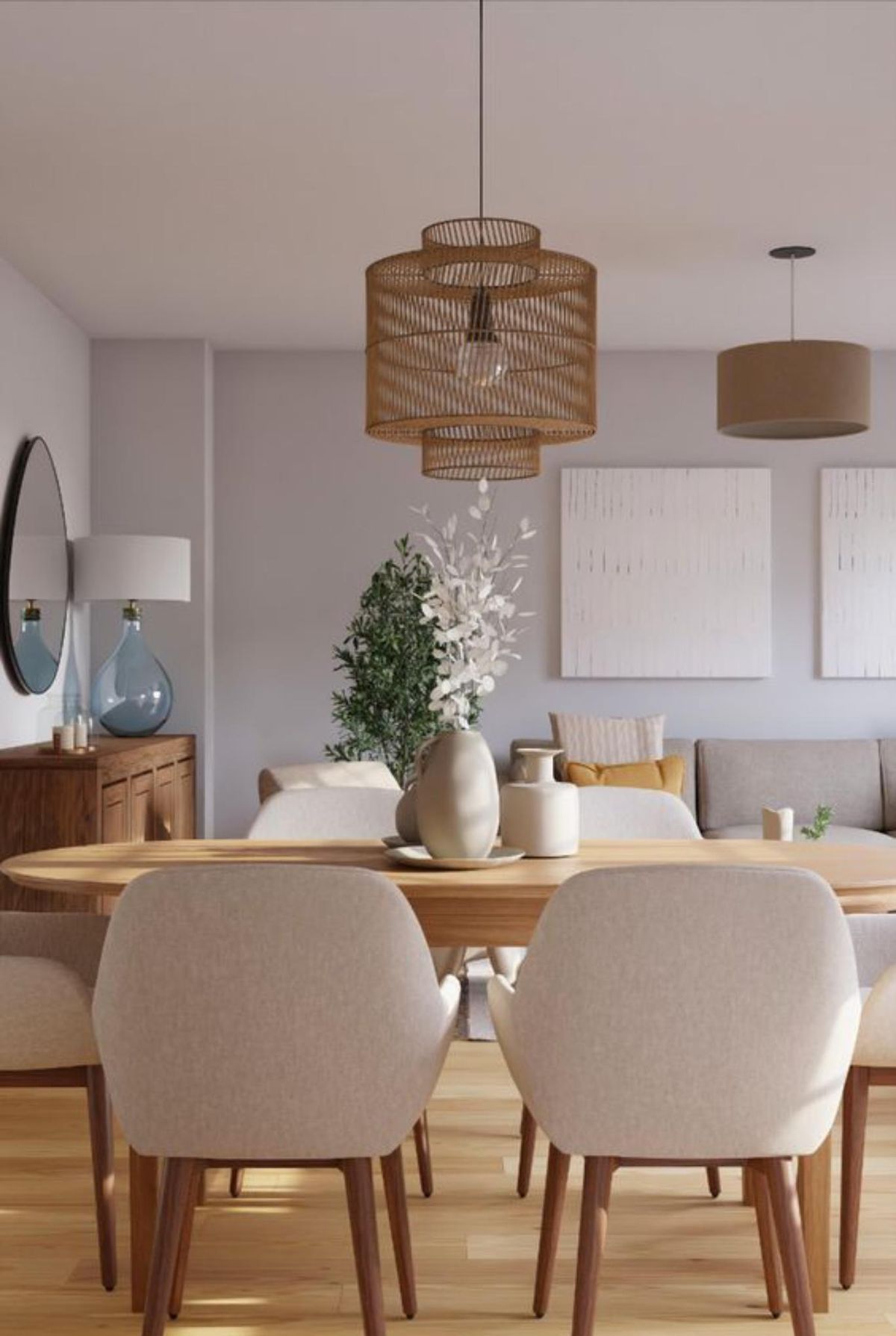 Salón comedor moderno con lámparas combinadas.