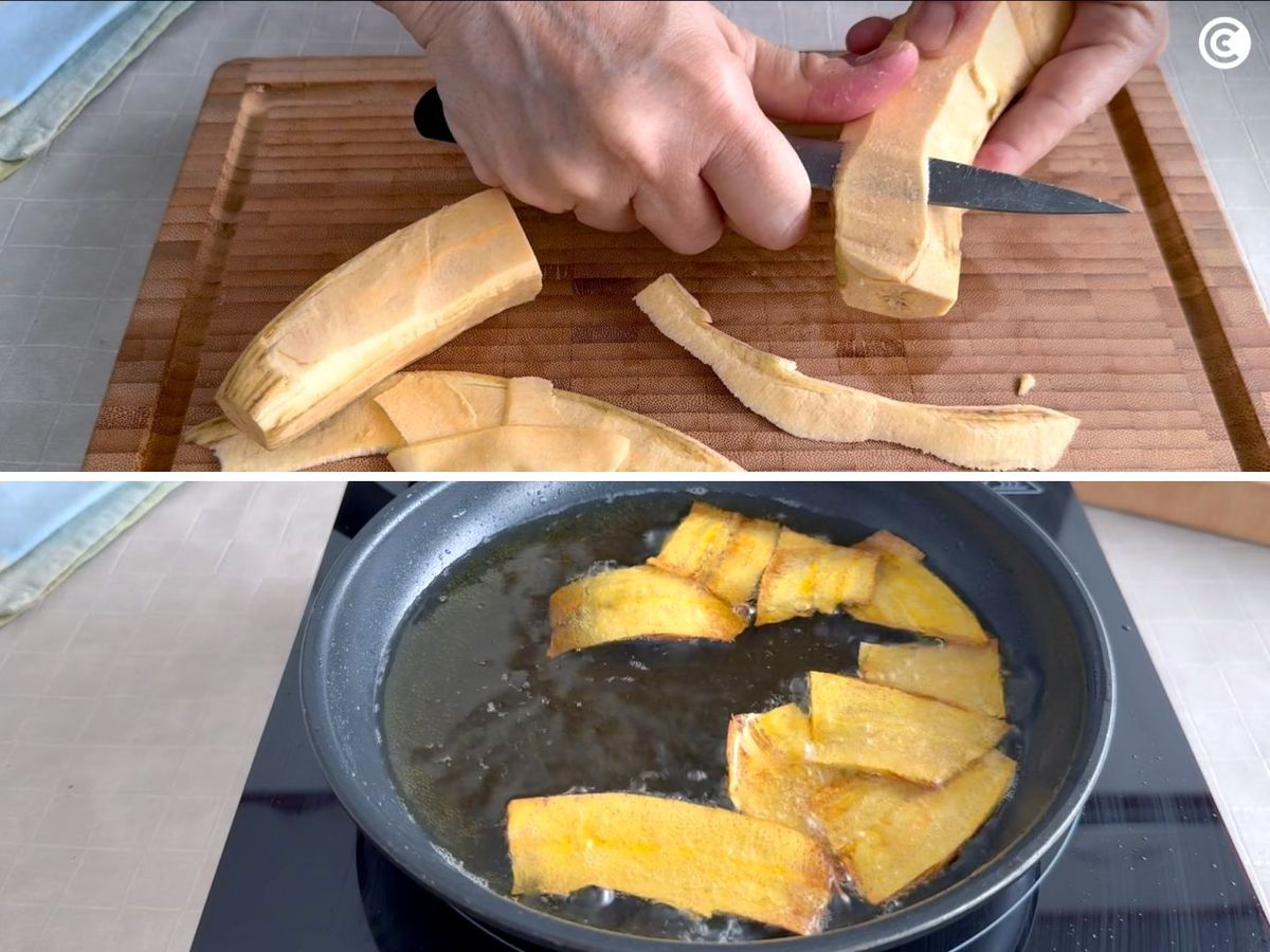 Corta y fríe las chips de banana para la leche de tigre