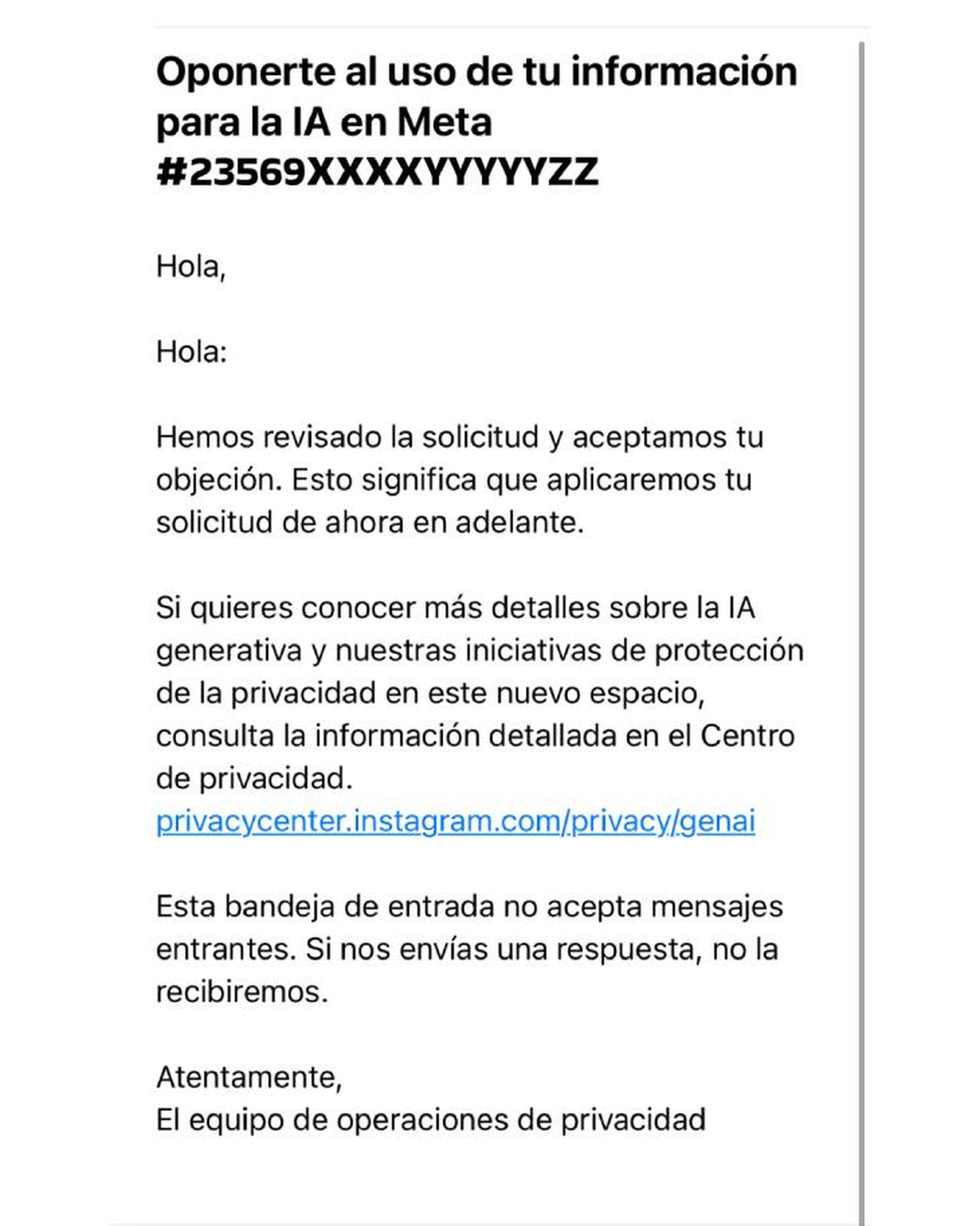 Meta debe enviarte un email de confirmación tras la oposición Meta debe enviarte un email de confirmación tras la oposición