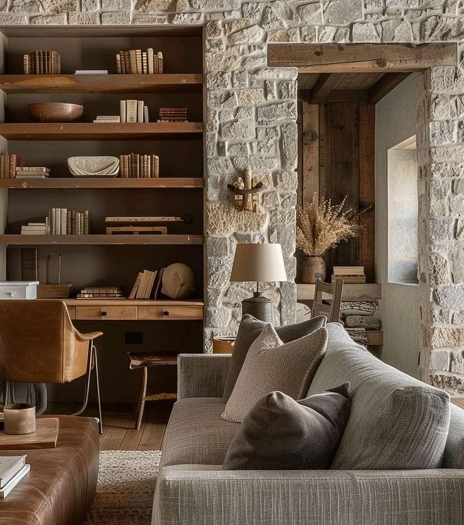 Salón con estantería de libros de estilo cabincore. Salón con estantería de libros de estilo cabincore.